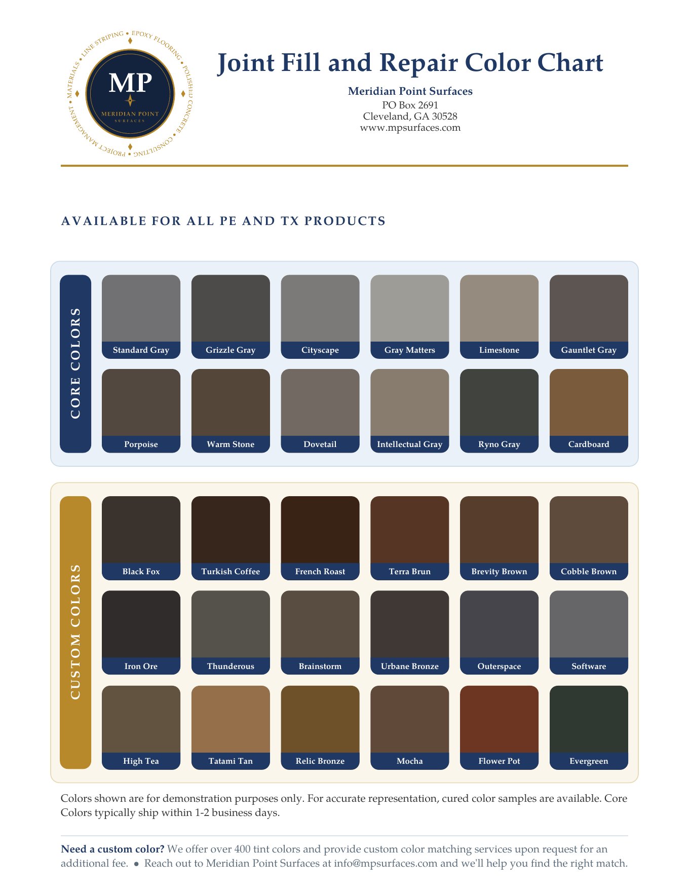 Meridian Point Surfaces Joint Fill and Repair Color Chart showing 12 core colors and 18 custom colors
